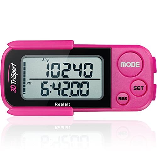 Realalt 3DTriSport 3D Walking Pedometer with Clip & Strap, Accurate Step Counter with 30-Day Memory, Distance in Miles/KM Large Display Perfect for Seniors & Beginners eBook Included - Magenta