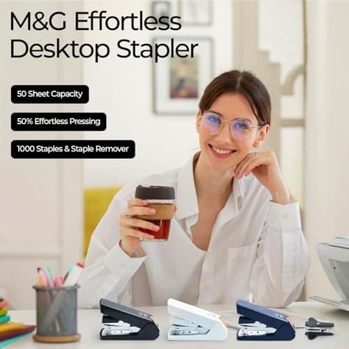 M&G Effortless Stapler 50 Sheet Capacity One-Touch Stapling, Heavy Duty Desktop Stapler Includes 1000 Staples and Remover, Portable Handheld Staplers for Home Office (Black) 8