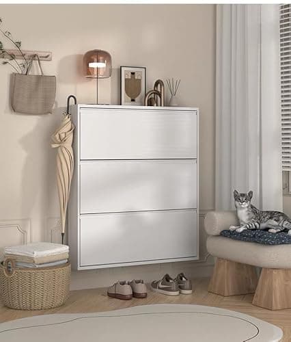 Metal Narrow Shoe Cabinet Storage for Entryway,Fully Assembled Slim Thin Shoe Cabinet with 3 Flip Drawers,Hidden Shoe Rack Organizer for Living Room,Garage,Hallway,Bedroom