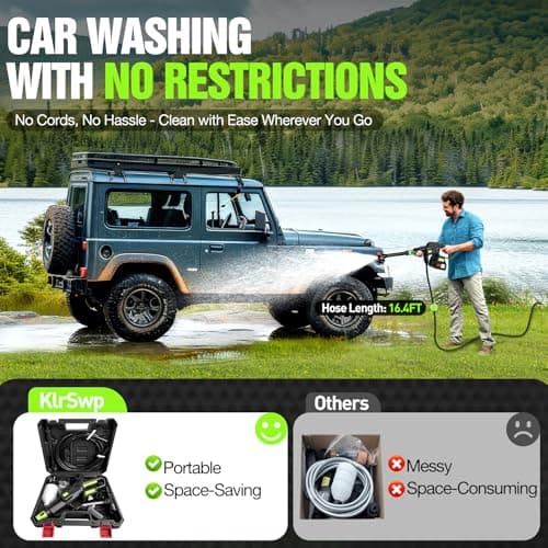 KlrSwp Cordless Pressure Washer, 6-in-1 Nozzle Portable Handheld Power Washer with Toolbox & 16FT Hose, 500PSI Powerful High Pressure Water Gun for Car, Home Cleaning & Garden Watering 6
