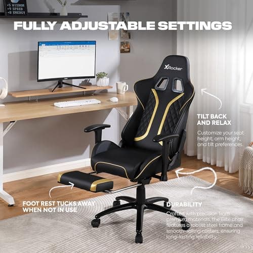 X Rocker Elite PC Video Gaming Chair with Footrest, Adjustable Ergonomic Office Desk Chair for Computer Gamers with Wheels, Vegan Leather, Black & White, Gifts for Gamers 5