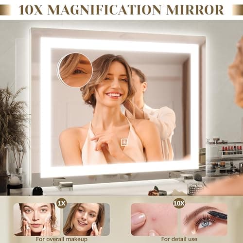 ROLOVE 22x20 Inch Lighted Vanity Mirror, 3-Mode Touch Dimming LED Lighting, Large Makeup Mirror for Dressing Room, Tabletop or Wall-Mounted, White 7