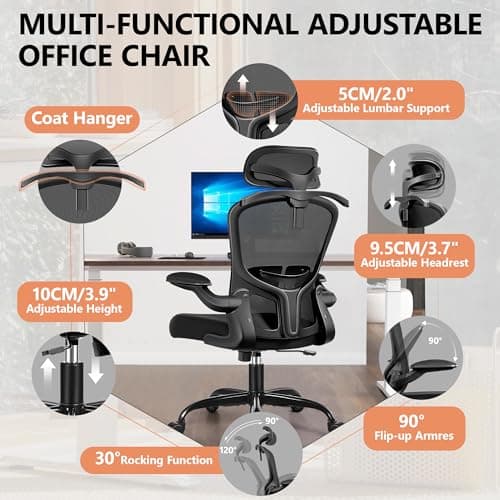 FelixKing Office Chair with Headrest, Ergonomic Desk Chair with Wheels, Task Swivel Comfy Chair with Adjustable Lumbar Support, Breathable Mesh Computer Chair with flip-up Armrests for Home (Black) 6