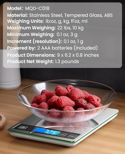 Nicewell Food Scale, 22lb Digital Kitchen Scale Weight Grams and oz for Cooking Baking, 1g/0.1oz Precise Graduation, Stainless Steel and Tempered Glass (Ash Silver) 7