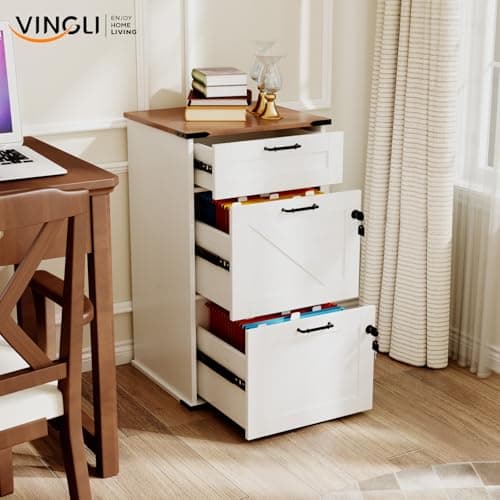 VINGLI 3 Drawer File Cabinet with Lock, Home Office Filing Organizer, for Letter Size File Folder Storage, Modern Farmhouse Style, Wood Vertical Filing Cabinet, Archivador (Rustic White & Brown) 8