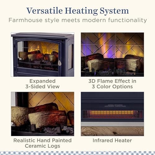 Country Living Infrared Freestanding Electric Fireplace Stove Heater in Navy Blue | Provides Supplemental Zone Heat with Remote, Multiple Flame Colors, Metal Design with Faux Wooden Logs 5