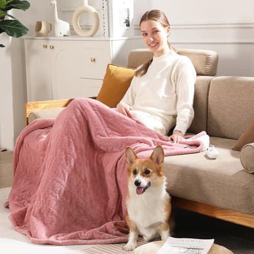 Electric Throw Blanket Heated Throw 50''x60''- Wheat Pattern Flannel & Sherpa Heated Lap Blanket with 5 Heat Settings & 4-Hour Auto Shut-Off, ETL & FCC Certified, Machine Washable Home Use, Pink 8