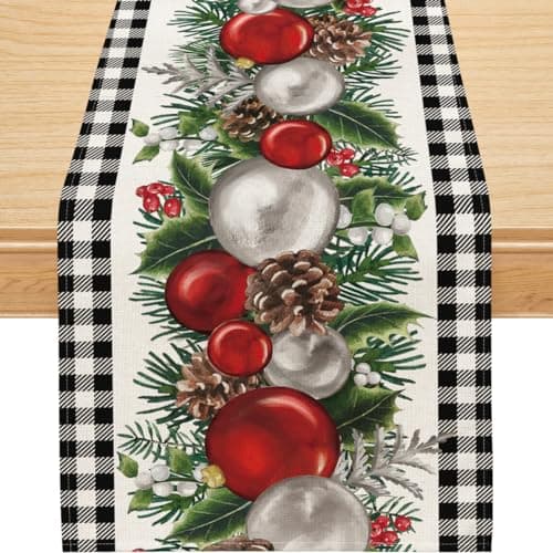 Siilues Buffalo Plaid Christmas Table Runner, 13'' x 72'', White Black