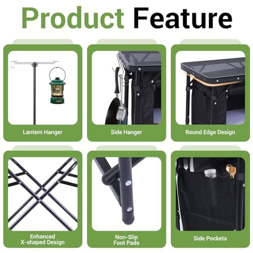 Nice C Camping Kitchen Station, Camping Table, Picnic Table, Portable Grill Table, Folding Cook Table, Upgrade Light Stand and Windshield Station & Organizers, Carry Bag for Beach, Picnic (Black) 7