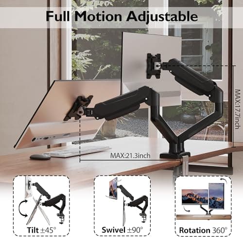 BONTEC Monitor Arm Desk Mount, Gas Spring Monitor Stand, Adjustable Full Motion VESA with C Clamp & Grommet Base, Supports 6.6-19.8lbs LCD/LED Tilt, Swivel, Rotation (Dual Arms, 13-32 Inch) 5