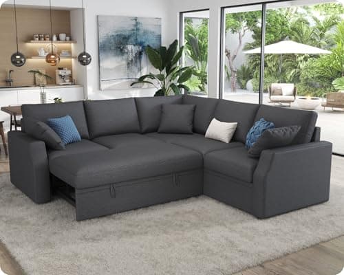 VanAcc L Shaped Couch with Storage Seat, 85 Inch Sleeper Sofa Bed, Grey Linen Sectional Couch for Living Room Apartment