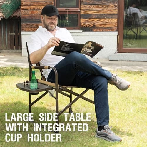 TR Oversized Folding Directors Chairs with Side Table, Portable Heavy Duty Camping Chair for Adults Support 350-lb for Outdoor Picnic Lawn Hunting (Brown) 5