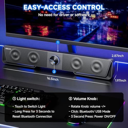 Jeecoo A40 Bluetooth Computer Speakers with Clear Sound, USB Plug & Play PC Speakers with LED Light, Computer Sound Bar with Switch Button for Desktop Laptop Monitor (USB-C Adapter Included) 5