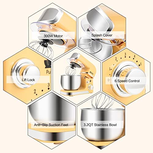 Kitchen in the box Stand Mixer,3.2Qt Small Electric Food Mixer,6 Speeds Portable Lightweight Kitchen Mixer for Daily Use with Egg Whisk,Dough Hook,Flat Beater (Yellow) 6