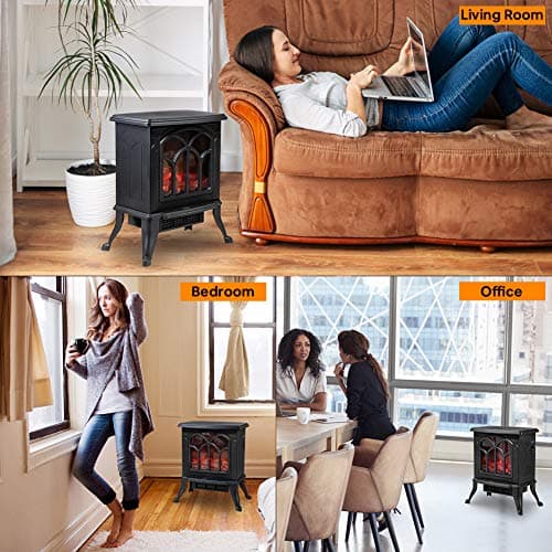 LifePlus Electric Fireplace Heater, Freestanding Stove Heater with 3D Realistic Flame Effect, Small Overheat Safety Protection for Indoor Use Bedroom, 1500W Retro Black 9