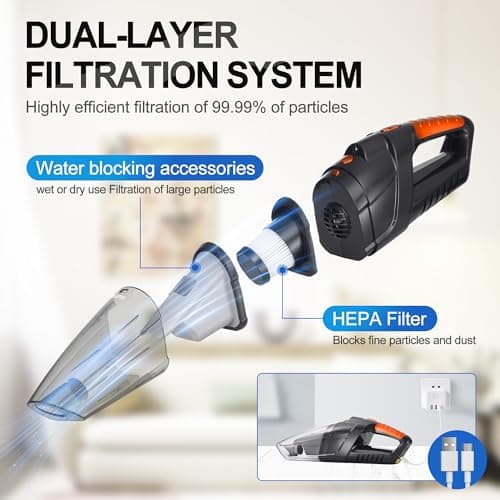 siumxr Handheld Vacuum Cordless,Powerful Suction 30Mins Long Runtime, Dust Busters Cordless Rechargeable with Two Washable Filters,Wet and Dry Hand Held Vacuum Cordless for Home, Car or Office 7