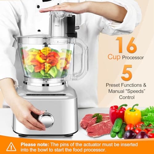 Homtone 16 Cup Food Processor, Aluminum-Diecast Blender and Food Processor Combo, 5 Preset Modes Vegetable Chopper Electric, 8 Blades 11 Functions for Home Use, Stepless Speed Control, 650W, Sliver 7