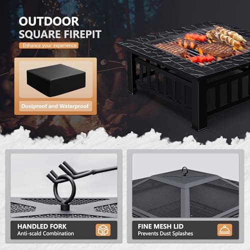 Greesum Multifunctional Patio Fire Pit Table, 32in Square Metal BBQ Firepit Stove Backyard Garden Fireplace with Spark Screen Lid and Rain Cover for Camping, Outdoor Heating, Bonfire and Picnic, Black 5