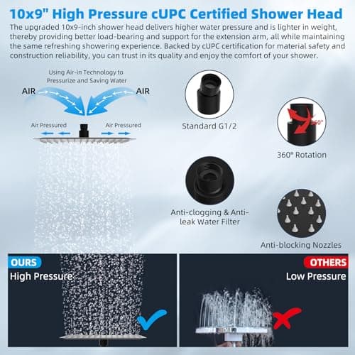 Hibbent All Metal cUPC Certified Rain Shower Head, 10'' High Pressure Rainfall Showerhead with 16" Shower Head Extension Arm, Solid Brass Adjustable Shower Arm Extender, fixed Showerheads, Matte Black 3