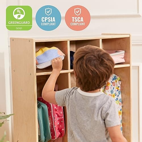 ECR4Kids Streamline 3-Section Coat Locker with Cubby Storage, Classroom Furniture, Natural 5
