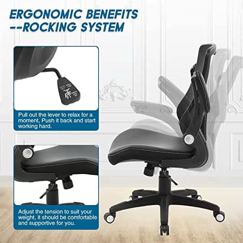 Office Chair Ergonomic Desk Chair, Computer PU Leather Home Office Chair, Swivel Mesh Back Adjustable Lumbar Support Flip-up Arms Executive Task Chair 8