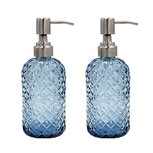 SDlumeiy 16 oz Diamond Pattern Glass Soap Dispenser, Kitchen and Bathroom Refillable Soap Dispenser with Rust Resistant Stainless Steel Pump for Hand Soap, Lotion Glass Liquid Dispenser(Blue - 2 Pack)