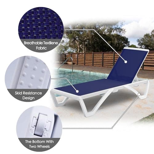 Kozyard Outdoor Chaise Lounge Chair, Full Flat Adjustable Patio Lounger with Aluminum Frame & Resin Legs, Textilene Fabric for Poolside, Backyard & Beach (NavyBlue, 2Chairs with Table) 6