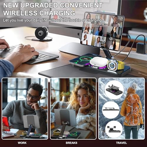 Upgrade Wireless Charging Station with Clock & 7 Color Ambient Light, for iPhone17/16/15 Series, Apple Watch 11 10 9, AirPods 4/3/2, 30W desk wireless charger, Multiple Devices iPad Samsung Stand Dock 7