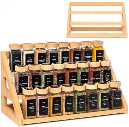 MNADSFKJ Spice Rack, Spice Organizer -3 Tier Bamboo Spice Racks, Solution for Spice Storage in Kitchens, Countertops，Storage Rooms and Other Places