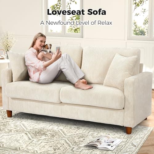 70in Corduroy Couch, Kidirect Sofa No Tool Assembly, Comfy Couches for Living Room 21in Deeper Seats, Corduroy Sofas for Living Room with 2 Pillows, Oversized Loveseat Sofa, Boho Love Seat Beige Couch 8