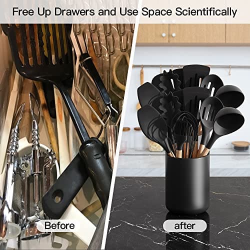 LATCHHOOK Black Kitchen Utensil Holder for Countertop, Matte Ceramic Cooking Utensil Crock for Counter Easy to Clean, Modern Spatula Holder for Farmhouse Décor 4.5×6.4 INCH 5