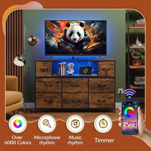 WLIVE Dresser TV Stand for 45, 50, 55 inch TV, Entertainment Center with LED Lights & Charging Station, Chest of Drawers with 8 Fabric Drawers and Open Shelves for Living Room, Hallway, Rustic Brown 5