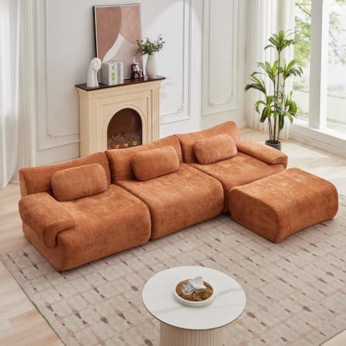 MAXMXX 117”L Shaped Modern Sofa Modular Sectional Cloud Couch with Ottoman,Oversized Boneless Sofa,3+1 Seater Chenille Deep-Seat Sofa with 3 Pillows,Suitable for Living Room or Bedroom(Orange)