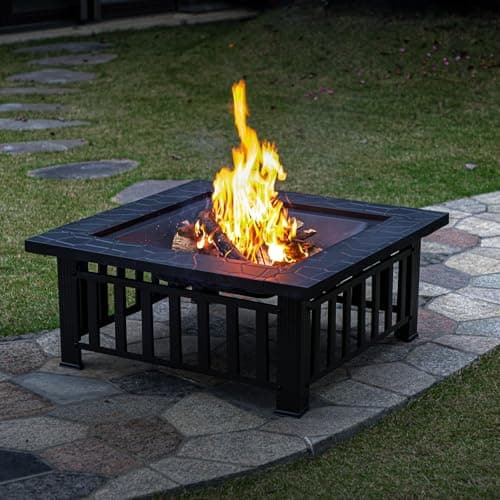 Panovue Multifunctional Fire Pit Table 32 inch Square Metal Firepit Stove Backyard Patio Garden Fireplace for Camping, Outdoor Heating, Bonfire and Picnic 6