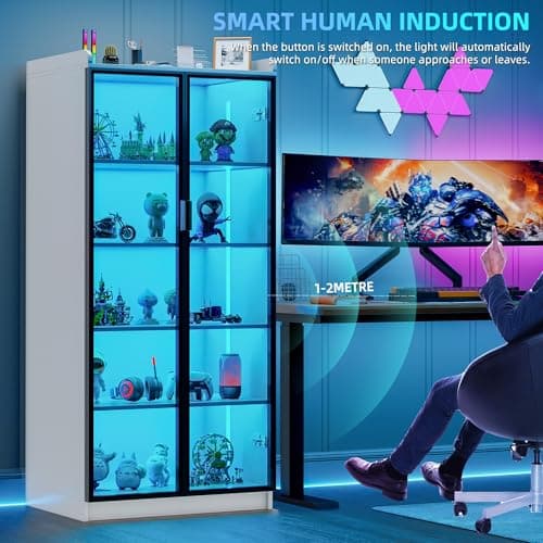 Lvifur 65" LED Display Cabinet with Lights for Living Room, 5 Tier Bookcase with Adjustable Shelves for Office, Tall Storage Cabinet with Human Body Induction for Collectibles (White) 5