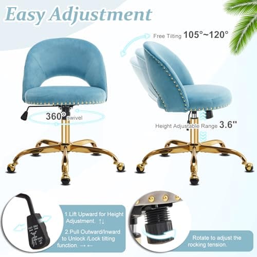 VINGLI Modern Velvet Small Office Chair,Cute Desk Chair with Wheels,Gold Base/Studs, Comfy Armless Swivel Vanity Task Chair for Women/Girl/Kids, Nail Tech Chair for Bedroom,Small Space,Cruising Blue 6