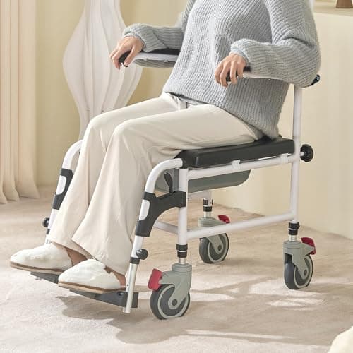 VEVOR Shower Commode Wheelchair with 4 Lockable Wheels, Footrests, Flip-up Arms, 3-Level Adjustable Height, 5L Removable Bucket, 350 LBS Capacity, Commode Chair for Adults Seniors 8