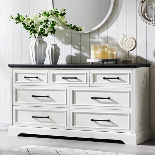 ACCOHOHO 7 Drawer Dresser, Farmhouse Chest of Drawers for Bedroom, 52" Wide Dresser TV Stand with Large Metal Handles, Wood Drawer Organizer for Living Room, Hallway - White