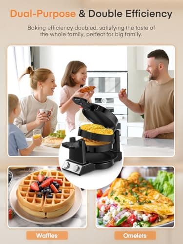 FOHERE 2-in-1 Omelette Maker&Waffle Maker, 1400W Omelet Maker 180° Flip, Adjustable Browning Control, Non-Removable & Nonstick Pans, Make Two Omelet and One Waffle at Once for Home (Dark Black) 7