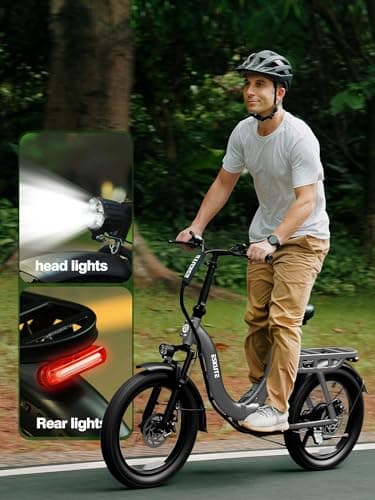 Elecby 1200W Peak Folding Electric Bike for Adults, 28MPH 48V 10.4Ah Removable Battery, 55-Mile Range, 20"x3" Fat Tire, Step-Thru Ebike with Basket 7-Speed – Commuter E-Bike Grey 6