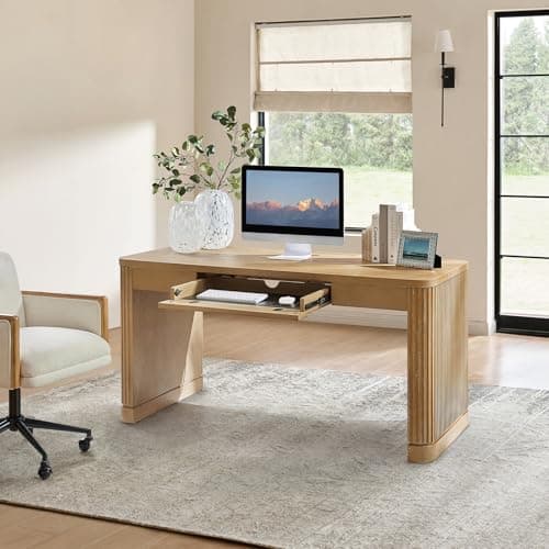 HULALA HOME Computer Desk with Power Outlets, 60 inche Modern Office Desk with Keyboard Tray and Fluted Wood Legs, Solid Wood Drawer, SEADRIFT 7