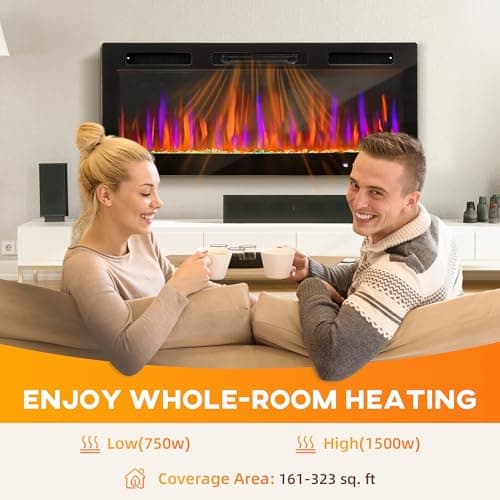 HOMCOM 42" Electric Fireplace Recessed and Wall Mounted, Freestanding with Remote, 750W/ 1500W Ultra-Thin Fireplace Heater and Linear Fireplace with Timer, Adjustable Flame Effect, Crystal, Black 9