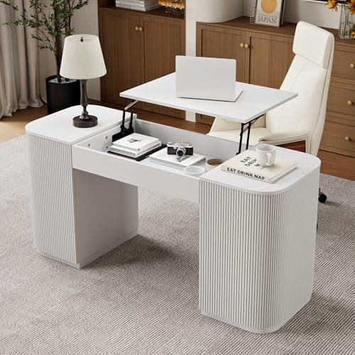 homary Modern 59.8" Standing Desk with Lift-Top & Ample Storage, Fluted Engineered Wood Home Office Desk with 2 Doors, White