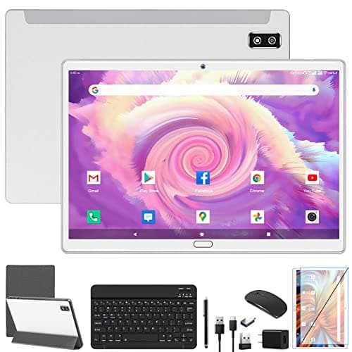 Android 13 2 in 1 Tablet - 10.1 Inch HD, 4G Cellular with Keyboard, 64GB+4GB, Octa-Core, 2 Sim Slot, 13MP Camera, Mouse/Stylus/GPS/WiFi/Bluetooth (Silver)