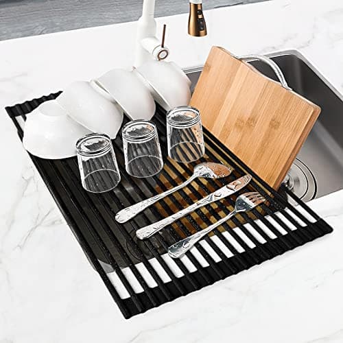 MERRYBOX Roll Up Dish Drying Rack Silicone Wrapped Over The Sink Dish Drying Rack Multipurpose Foldable Sink Drying Mat Anti-Slip & Anti-Rust Dish Rack for Kitchen, 17.5" x 13", Black 9