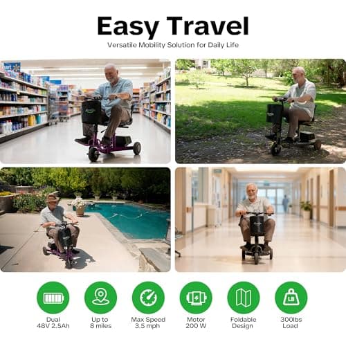 Folding Electric Mobility Scooter for Adults, 50 Lbs Lightweight Portable Electric Scooter, 13KM Range Long Range Power Battery, Height-Adjustable Seat, 300lb Weight Capacity (Purple) 8