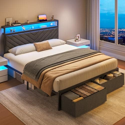 Fluest Queen Bed Frame with 2 Drawers, Upholstered Headboard with Storage and Charging Station, LED Lights, Fabric Drawers with Wheels, Under Bed Storage, No Box Spring Needed, Easy Assembly, Grey 6