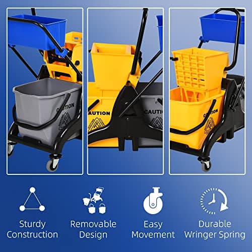 HOMCOM 2 x 6.9 Gallon Mop Water Bucket Wringer Cart with Easy to Use Side Press Wringer, Smooth Wheels, Mop-Handle Holder 6