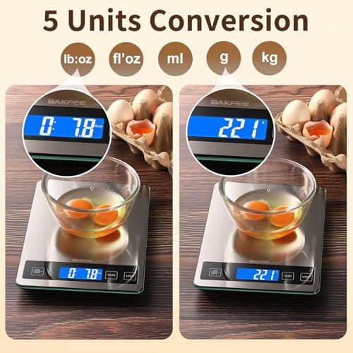 BakFee Food Scale, 33lb Digital Kitchen Scale with Stainless Steel & Tempered Glass, USB Rechargeable, 1g / 0.05oz Precise Graduation, Waterproof and Sturdy Surface, for Cooking, Baking, Weight Loss 8
