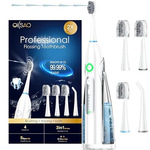 OILSAO Electric Toothbrush with Water Flosser, 3 Sonic Modes, 5 Flossing Speeds with 3 Brushes + 1 Nozzle, Portable Flossing Toothbrush Combo for Adults Teeth Cleaning Kit for Plaque Removal,White
